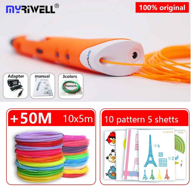 orange ABS10color Myriwell magic 3d Pen3 d ручка для принтера и 50 м красивый цвет PLA нити подарок на день рождения ребенка/Рождественский подарок+ 10 узор - Цвет: orange ABS10color