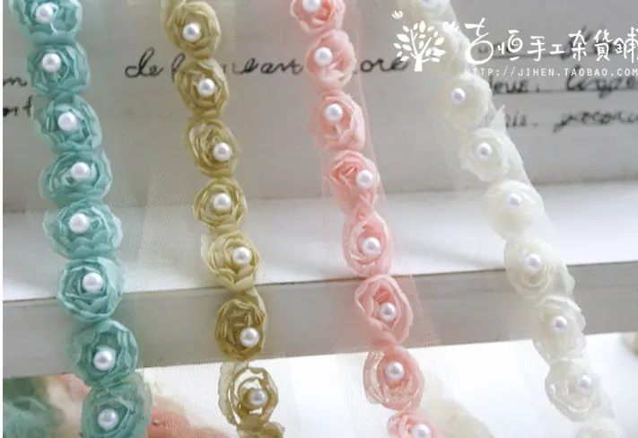 5 ярдов красивый 3D цветок розы Жемчуг кружево Белый шифон ткань отделка Сделай