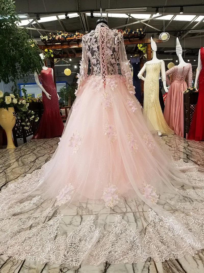 Розовое вечернее платье LSX08871 в наличии А силуэта с цветами и длинным рукавом из