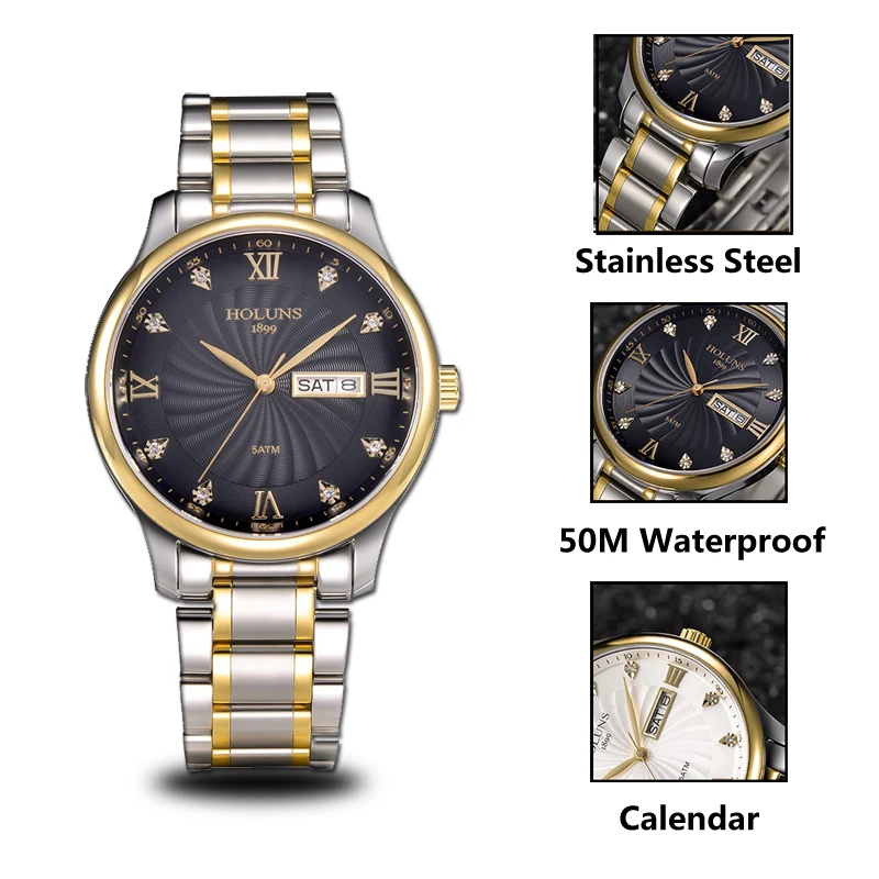 Часы мужские кварцевые с бриллиантом брендовые Роскошные золотые повседневные