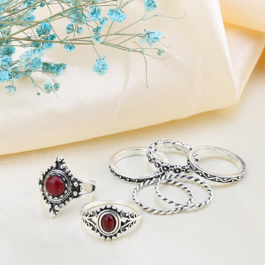 Kinel 7 шт./компл. бохо красный опал кольцо миди набор тибетских античных серебряных
