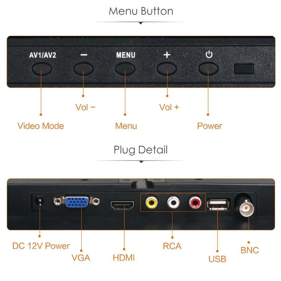 ЖК-монитор с несколькими разъемами 10 дюймов 12 В TFT DC HDMI VGA BNC RCA USB 1024x768 HD для