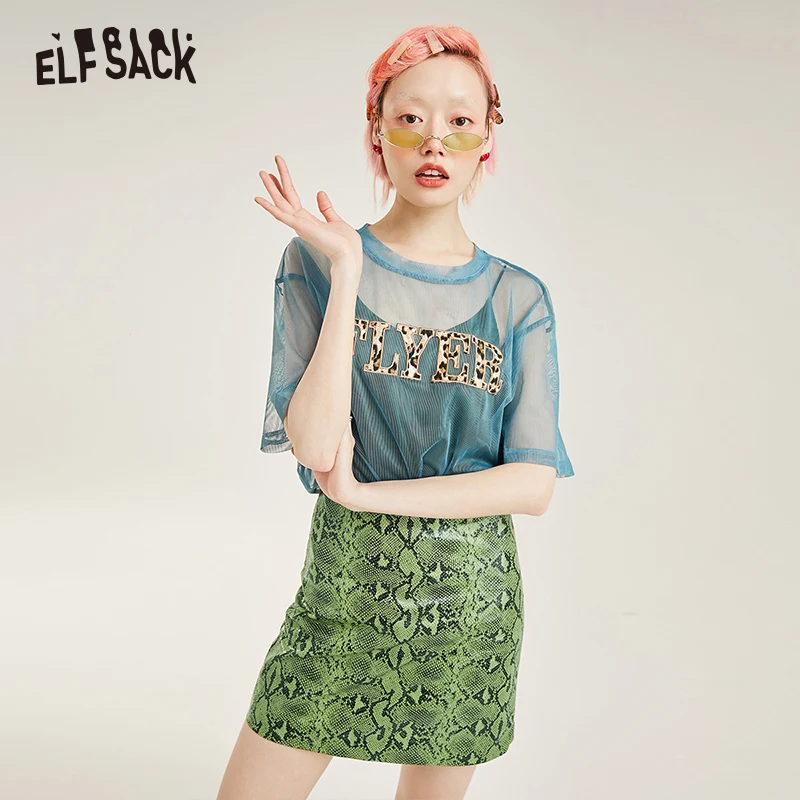 ELF SACK сексуальные сетчатые открытые Модные женские футболки с буквенным принтом