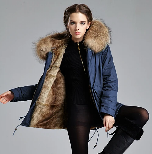 Темно синяя парка с подкладкой из искусственного меха и большим воротником енота