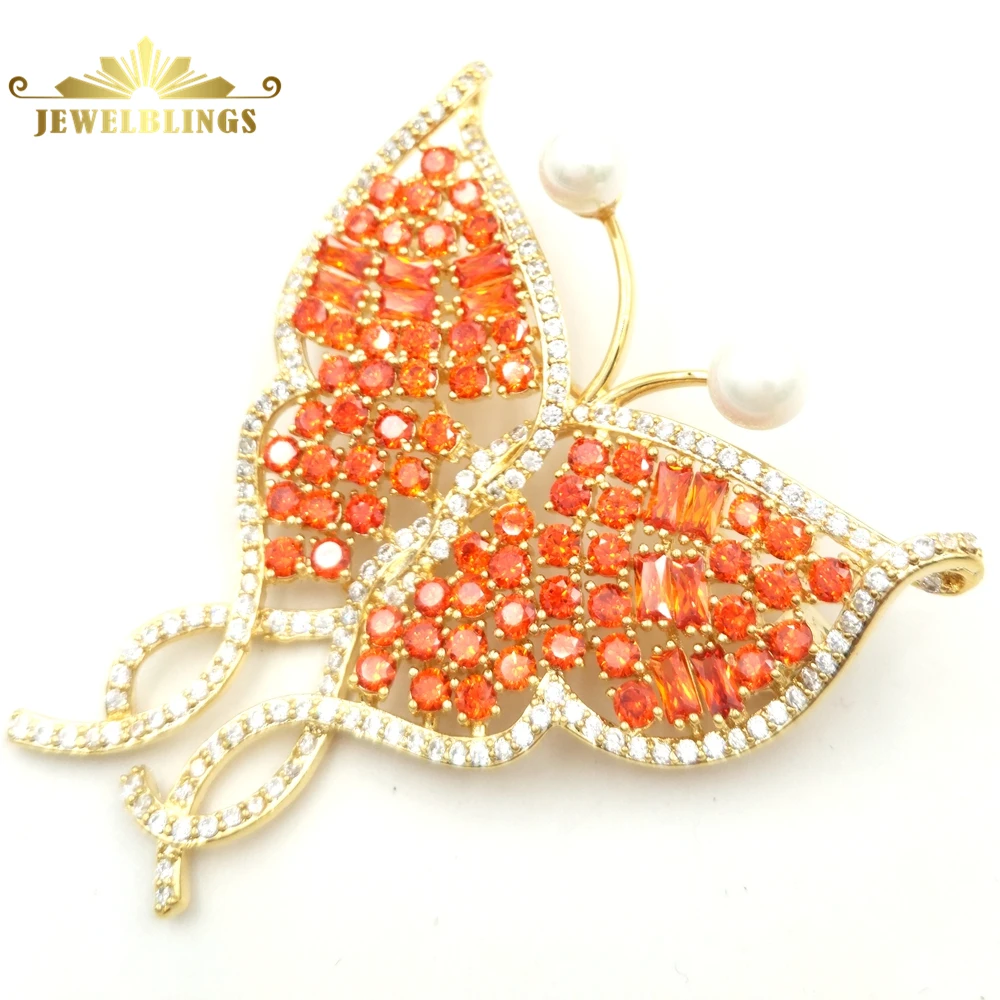 Великолепный микро Паве CZ Оранжевая бабочка Брошь Серебряный тон намекнул