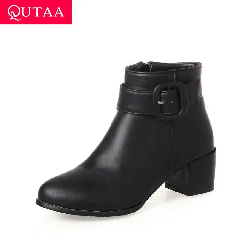 Женские зимние ботинки QUTAA на квадратном каблуке с закругленным мысом и пряжкой