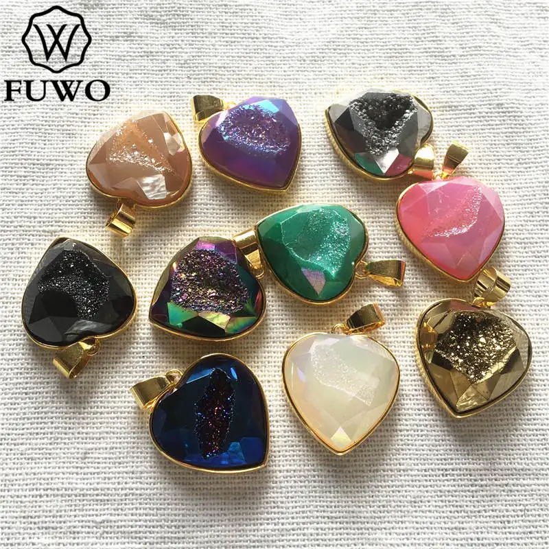 FUWO модный Радужный кулон в форме Сердца Druzy граненый аура соединитель кварц с