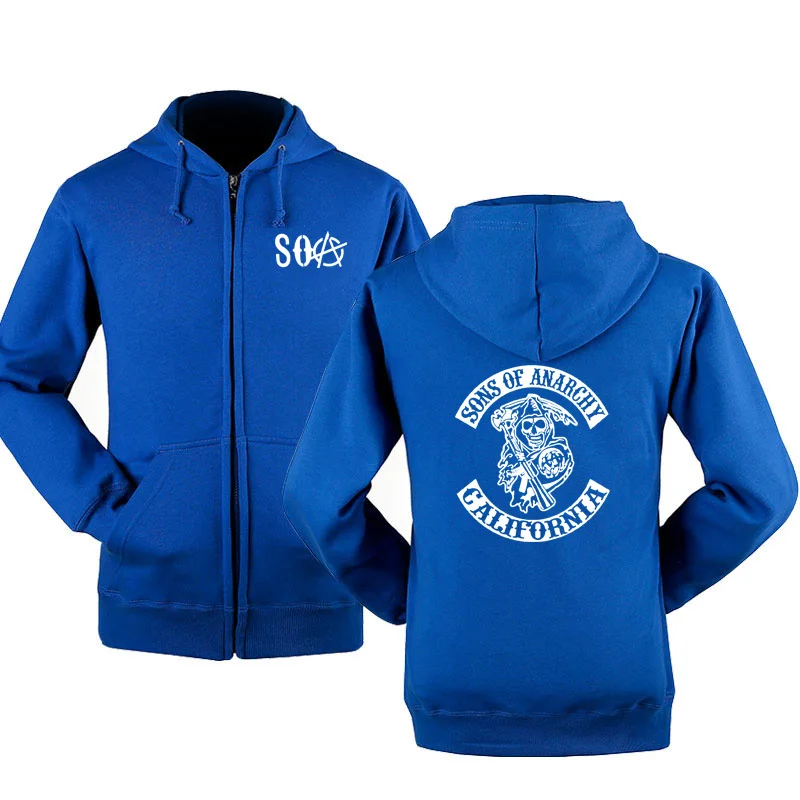 Синий SOA Sons of anarchy/Новая модная мужская спортивная одежда с капюшоном на молнии, мужская повседневная толстовка, флисовое теплое худи в стиле хип-хоп - Цвет: Синий