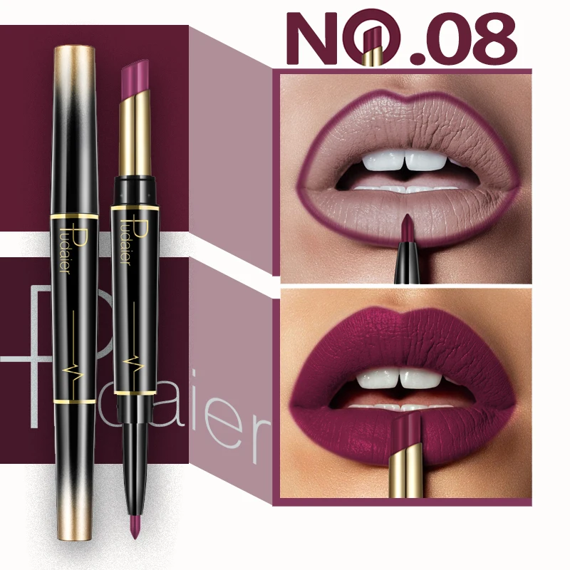 Color 08 Pudaier, 1 шт., 16 цветов, двойная головка, модный карандаш для губной помады, водостойкий макияж, полуматовый карандаш для губ, бархатные Жидкие помады - Цвет: Color 08