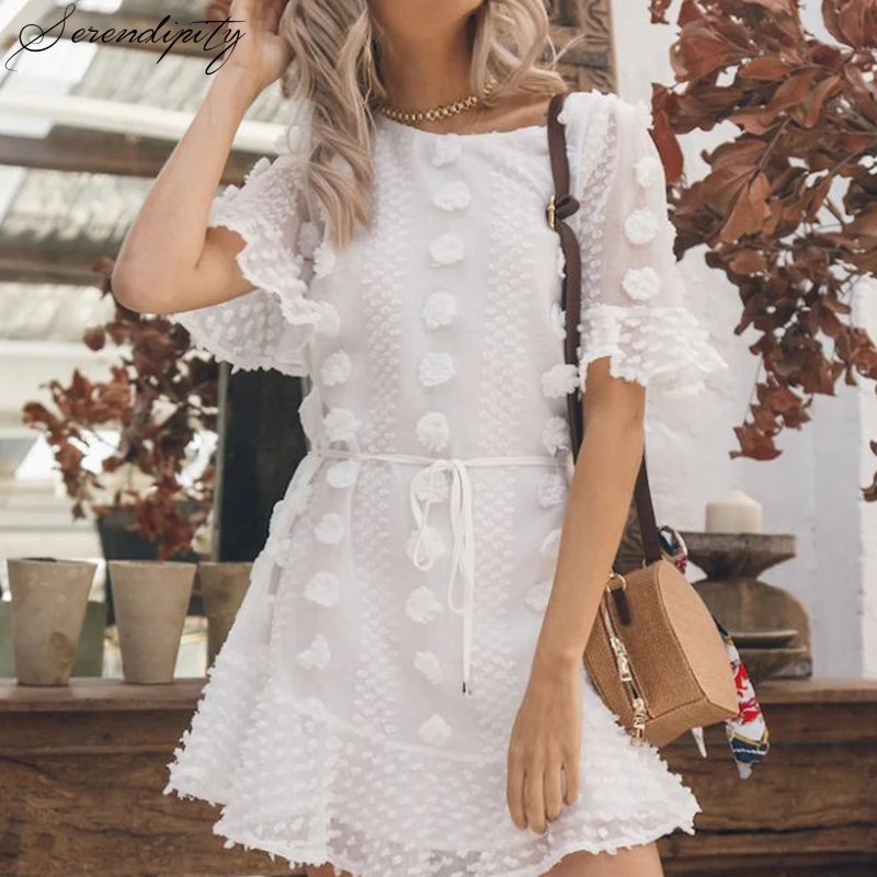 Elegant Fashion White Women Beach Dress Casual Ruffle Short Sweet Summer Mini Sash Dot Vestidos O neck Solid|Женские платья| |