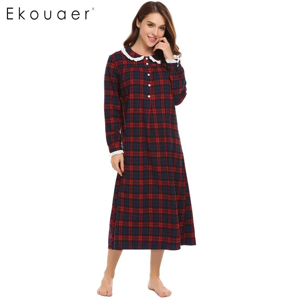 Женская клетчатая Ночная рубашка на пуговицах с длинным рукавом|plaid nightgown|nightgowns
