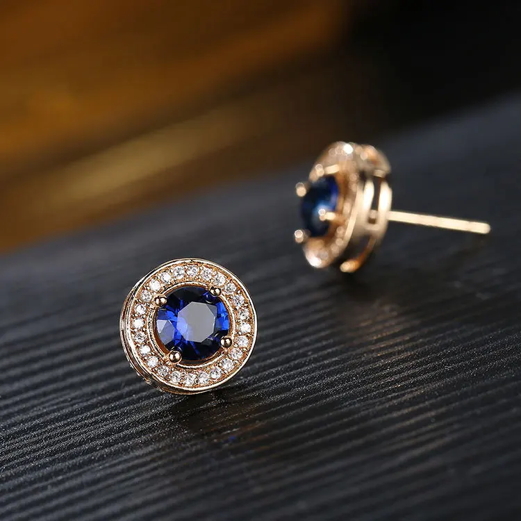 Билицветные серьги-гвоздики из розового золота с круглым цирконием Королевского