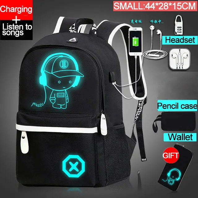 Music boy-S-Wallet Детский рюкзак, школьные сумки для мальчиков и девочек, аниме светящийся школьный рюкзак, Детский водонепроницаемый рюкзак, USB зарядка, школьный рюкзак, подарок - Цвет: Music boy-S-Wallet