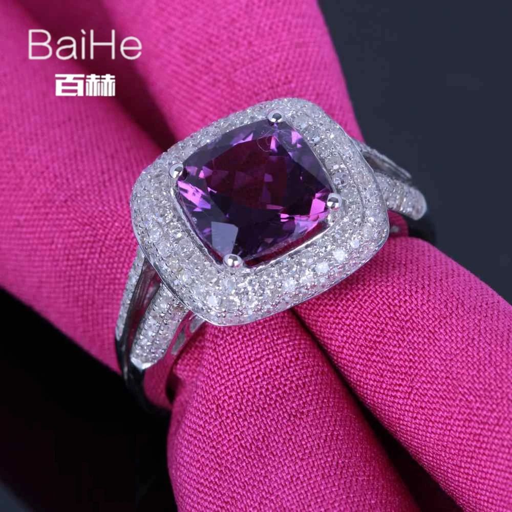 Baihe стерлингового серебра 925 2.3ct сертифицированных Подушки безупречный натуральная Аметист Свадебные Для женщин Винтаж уникальный элегантный кольцо