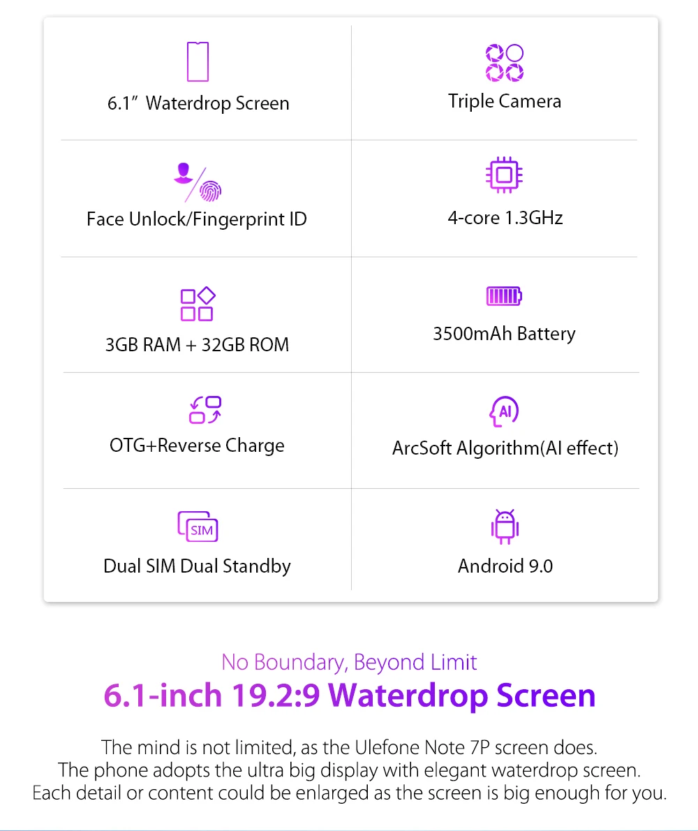 Смартфон Ulefone Note 7 P, Android 9,0, четырехъядерный, 3500 мА/ч, 6,1 дюймов, экран в виде капли воды, 3 Гб+ 32 ГБ, мобильный телефон, разблокировка лица