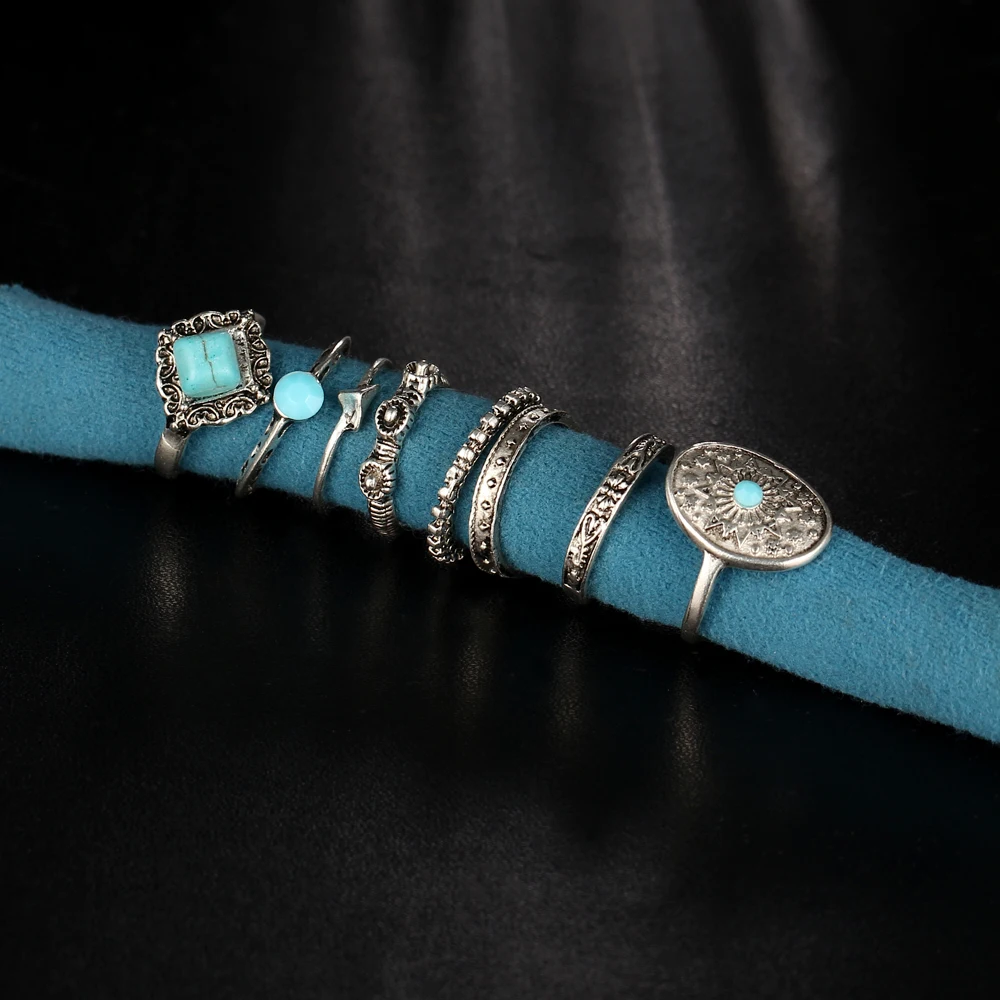 Women Retro Knuckle Ring Sets 8piece /set Blue Stone Jewelry Big Rings Midi Joint Carved Heart Party Fashion | Украшения и