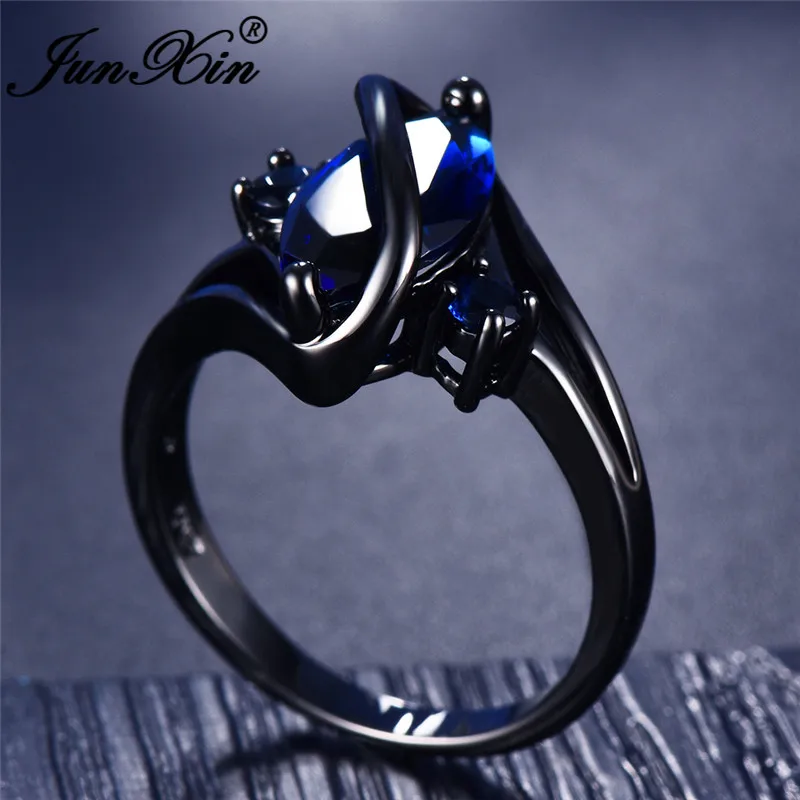 JUNXIN Vintage Blue Stone S Shaped Wedding For Women Men Black Gold Filled Big Marquise Zircon Engagement Ring Band Jewelry | Украшения и