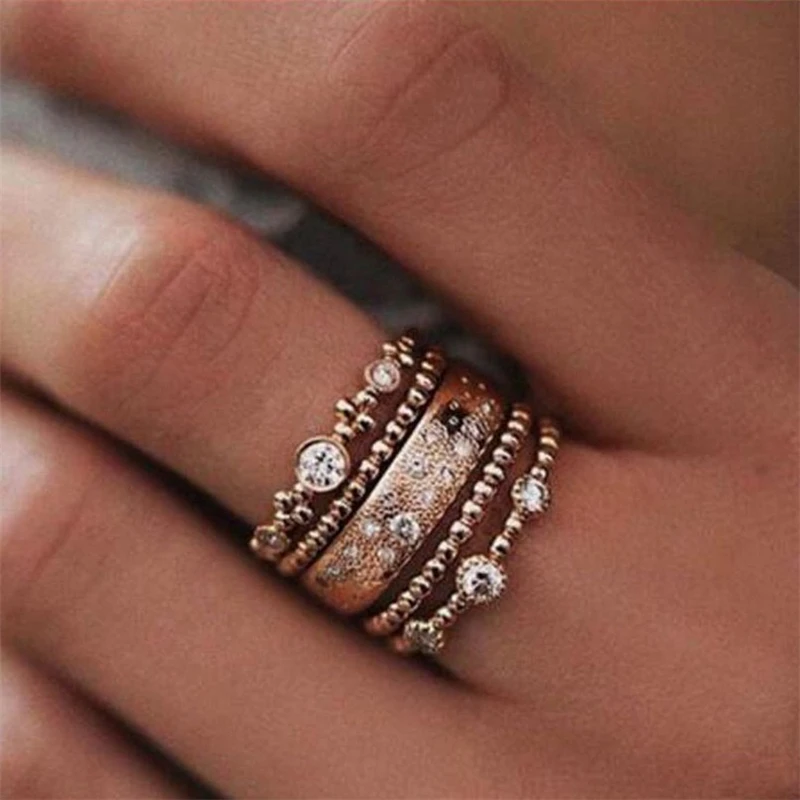 Фото 5 шт./компл. Модные женские элегантные кольца в форме волны с бриллиантами и розой