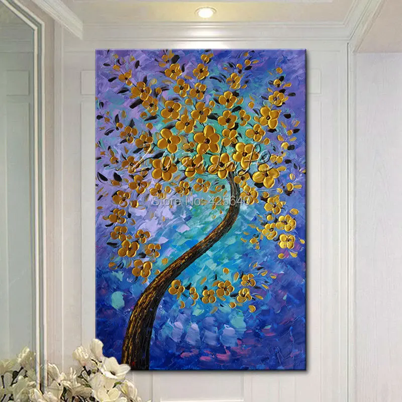 Современная палитра с ручной росписью нож 3D текстура цветы и дерево на холсте