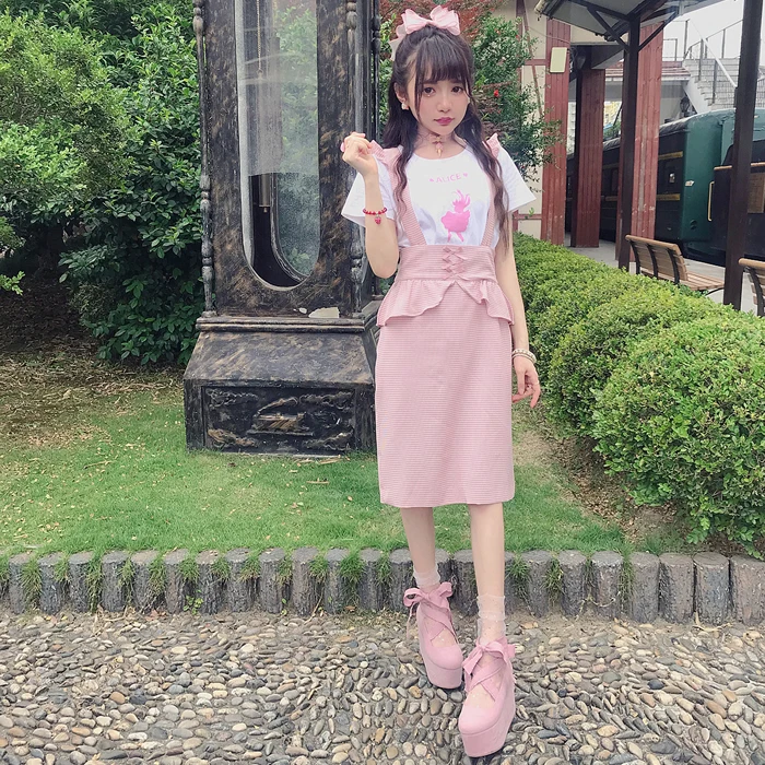 

Princess sweet lolita skirts Japanese soft sister summer bow tie with a buttocks and fashion lattice skirts women B1622