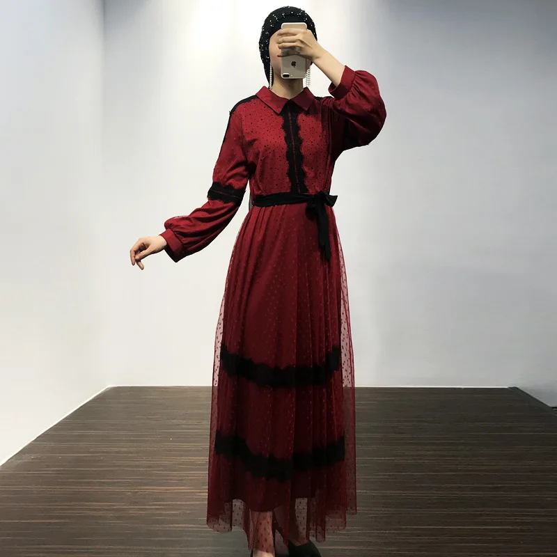 Kantor Wanita Musim Semi Patchwork Renda Ramadan Wanita Muslim Gaun Malaysia Indonesia Wanita Merah Gaun Kasual Pakaian Y25