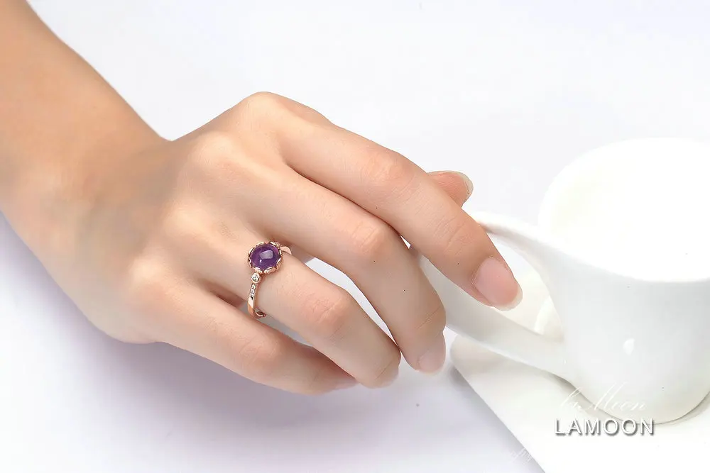LAMOON 8 мм 2.3ct натуральный округлость Фиолетовый аметист 925 пробы Серебряное Ювелирное кольцо для подарка подруге LMRI029