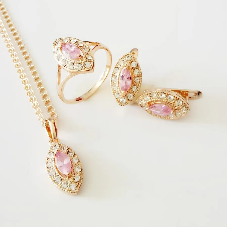 Комплект из колье серёг и кольца цвета розового золота|luxury wedding jewelry set|women necklace and