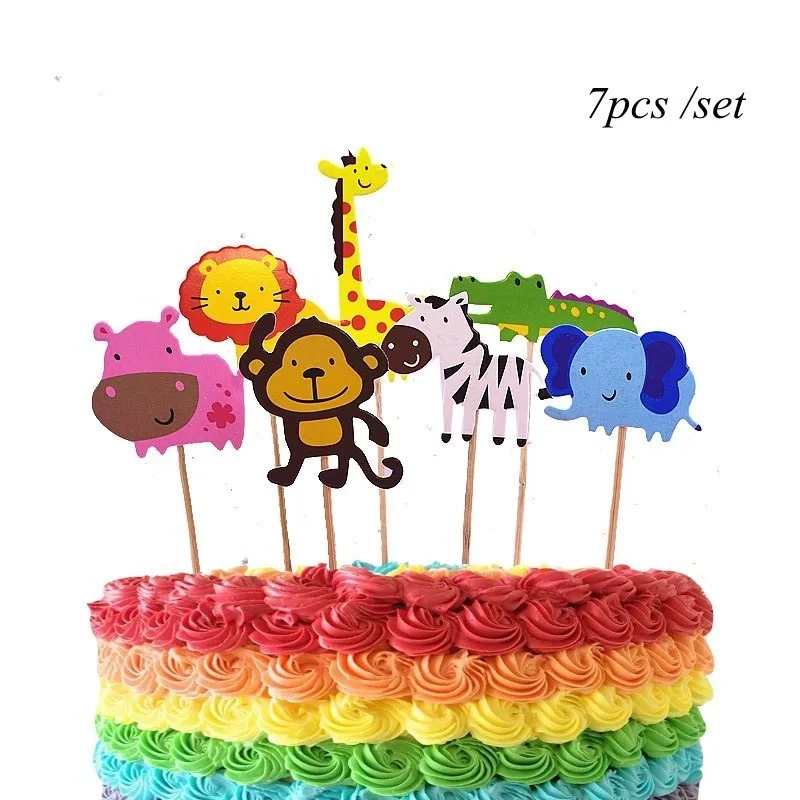 7pcs cake toppers 1 Набор диких животных Тема джунгли вечерние милые воздушные цифры с днем рождения баннер для детского дня рождения для вечеринки в стиле сафари поставка - Цвет: 7pcs cake toppers