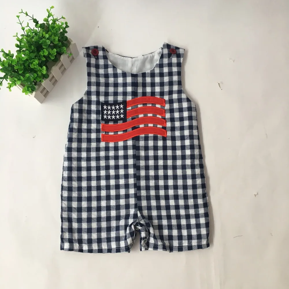 

Puresun New Arrival 4th of July Baby Boy Rompers Flag Embroidery Seersucker Plaind Boys Romper Summer Toddler Boy Bubble Outfit