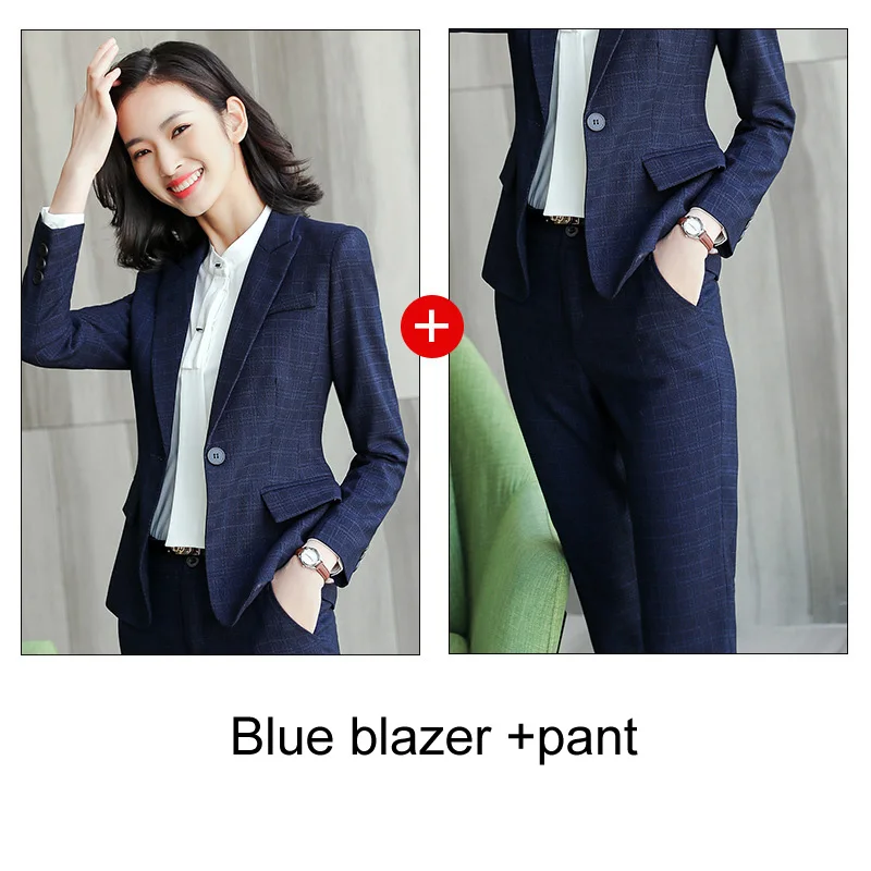 blue pant suit Комплект из 2 предметов, элегантные фиолетовые строгие брюки в клетку, костюм, Офисная женская форма, дизайн для женщин, деловой костюм в деловом стиле - Цвет: blue pant suit
