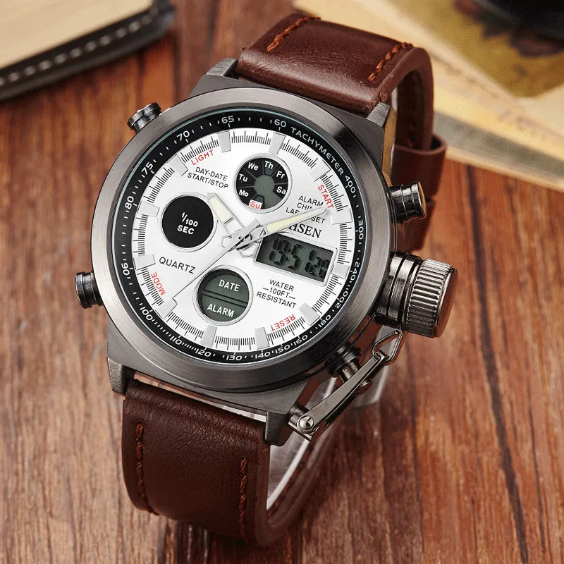 Модные мужские часы Vogue Цифровые кварцевые с ЖК дисплеем коричневым кожаным