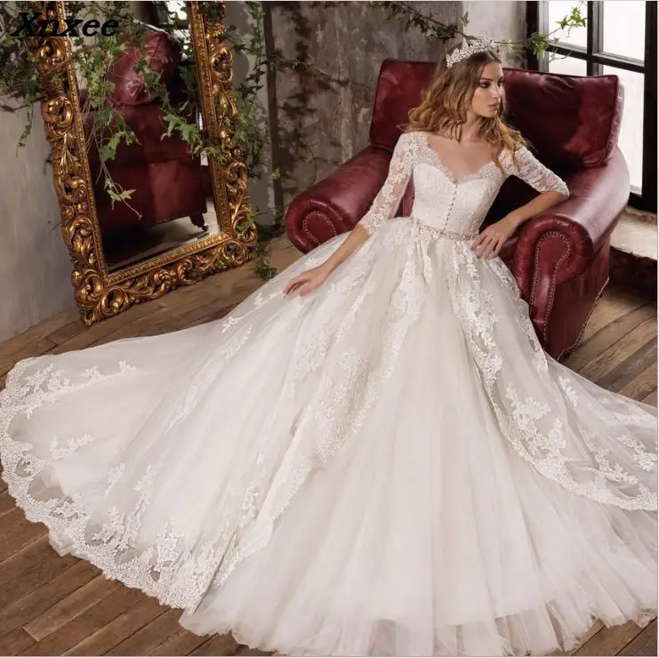 Robe de mariee винтажное кружевное платье для свадьбы, элегантное Тюлевое ТРАПЕЦИЕВИДНОЕ ПЛАТЬЕ С v-образным вырезом и пуговицами, свадебное платье принцессы со шлейфом