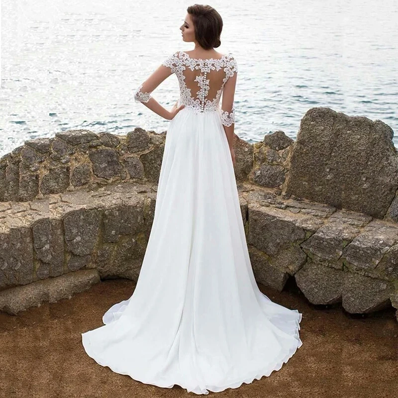 Шикарное шифоновое свадебное платье с разрезом иллюзионный лиф рукав три