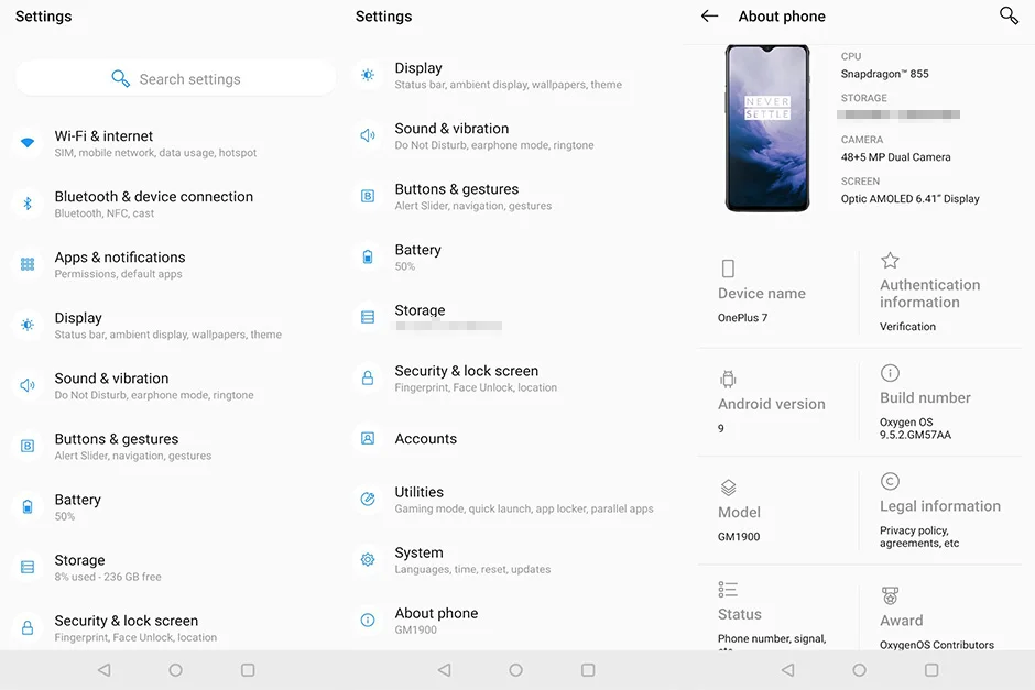Смартфон Oneplus 7 с глобальной ПЗУ, 8 ГБ, 256 ГБ, Восьмиядерный процессор Snapdragon 855, 6,41 дюймов, AMOLED, 48MP+ 16MP, две камеры, NFC, 3700 мАч, мобильный телефон