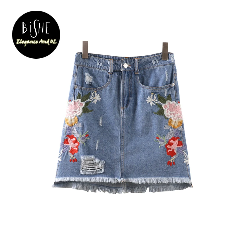 Bishe Для женщин Юбки для джинсы цветочной вышивкой модные тонкие Повседневное