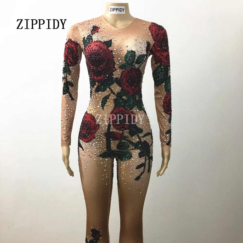 Комбинезон с яркими кристаллами и розами женский сексуальный наряд костюмы для