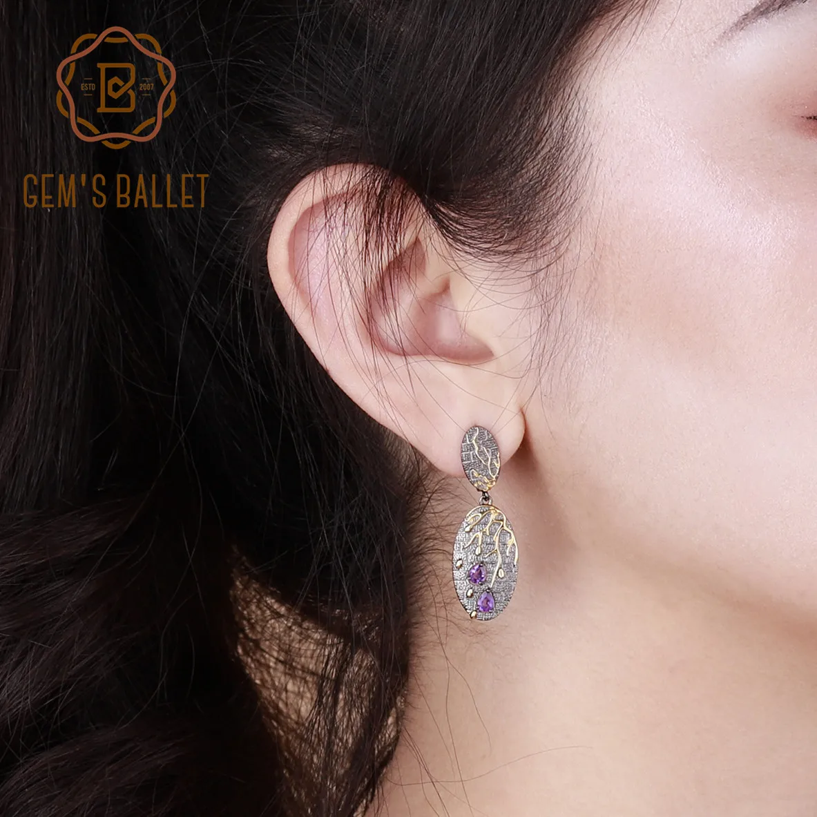 GEM'S BALLET 0.60Ct натуральный аметист овальные Лепестковые серьги 925 пробы Серебряные Оригинальные Цветочные Висячие серьги для женщин ювелирные изделия