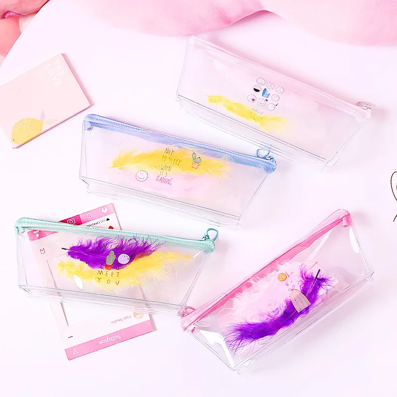 Необычный прозрачный мешок ручки мультфильм Kawaii перья Украшенные ПВХ пенал на
