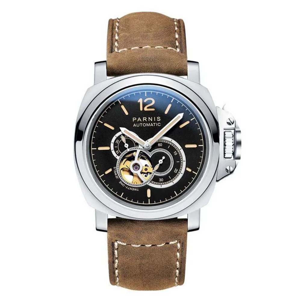 Наручные часы Parnis Commander Plus светящиеся Мужские с кожаным ремешком модные