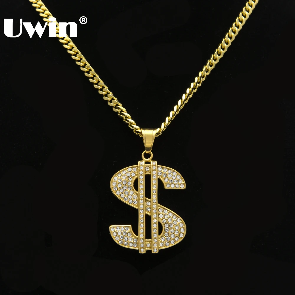

Hip-hop Hot Selling Large US Dollar Pendant High Quality Stainless Steel Color Retention Full With Rhinestones Charm Necklace