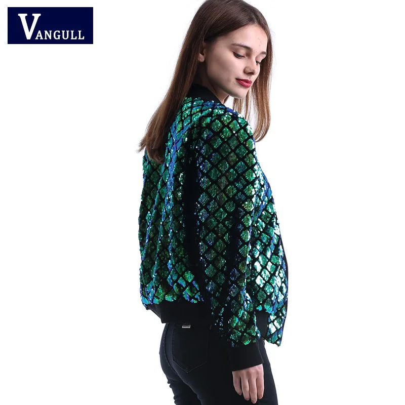 Vangull Новое весенне-осеннее Женское пальто с блестками зеленая куртка-бомбер уличная куртка на молнии с длинным рукавом Элегантное повседневное базовое пальто