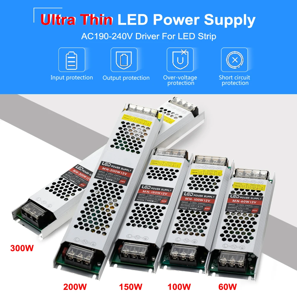 Ультра тонкий светодиодный Питание DC12V трансформаторы систем освещения 60W 100W 150W 200W 300W 12V Светодиодный драйвер Мощность адаптер для Светодиодный полоски