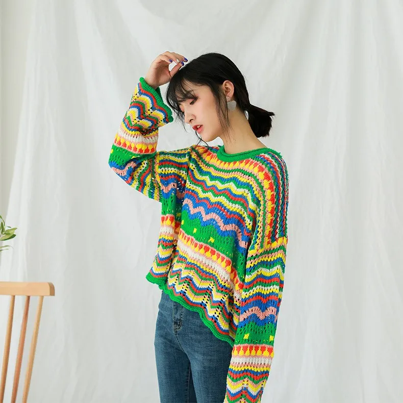 2018 Korean New Autumn Winter Sweaters Woman Vintage Hit Color Stripe Loose Pullover Sweater Female Casual Jumpers | Женская одежда
