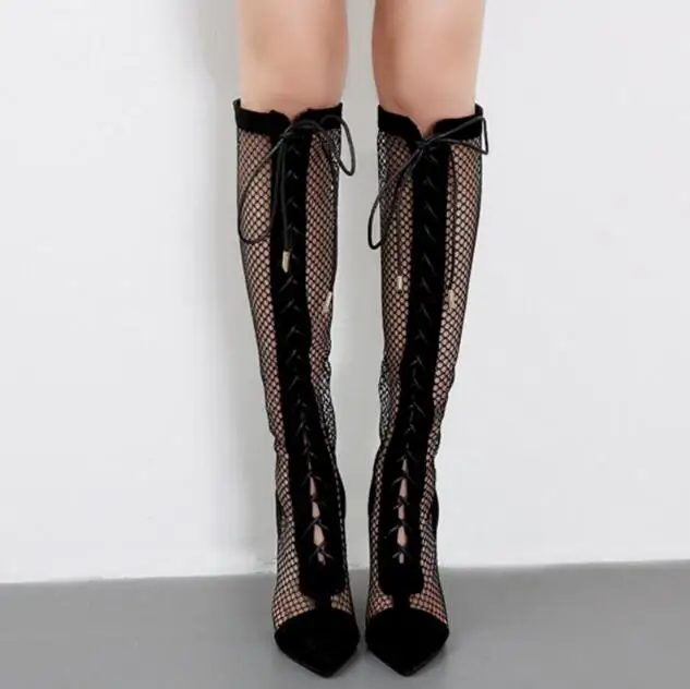 Пикантные Черные Сетчатые кружевные высокие сапоги летние женские сандалии с