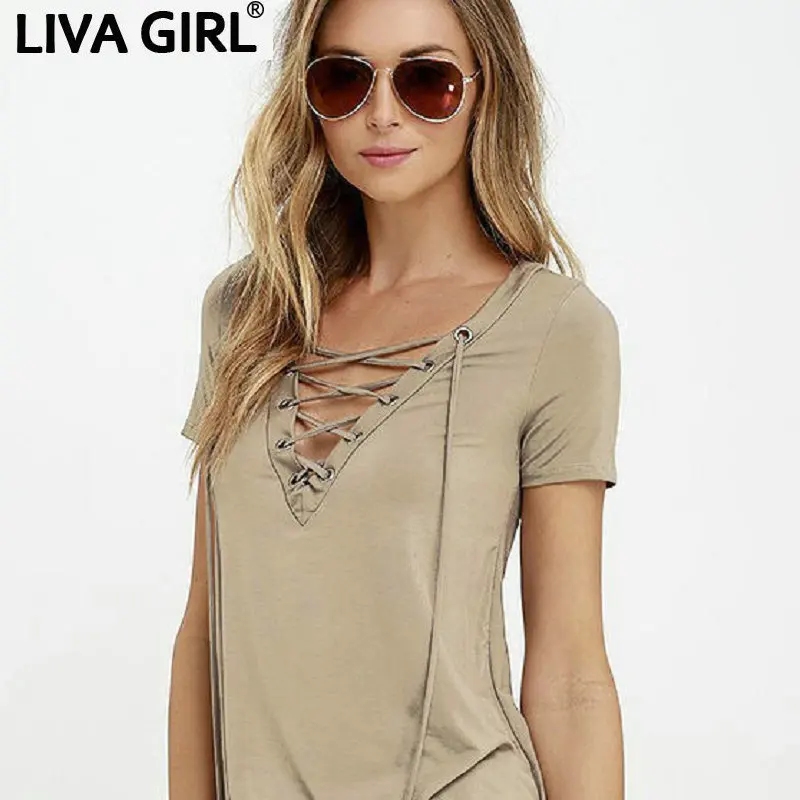 Женская футболка с V-образным вырезом Однотонная в европейском и американском