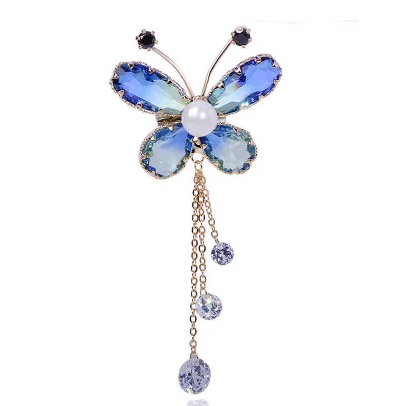 gold blue Blucome Красивая насекомое бабочка брошь с искусственным жемчугом циркон медь Ювелирные изделия Женская одежда для девочек шарф воротник булавка аксессуары - Окраска металла: gold blue