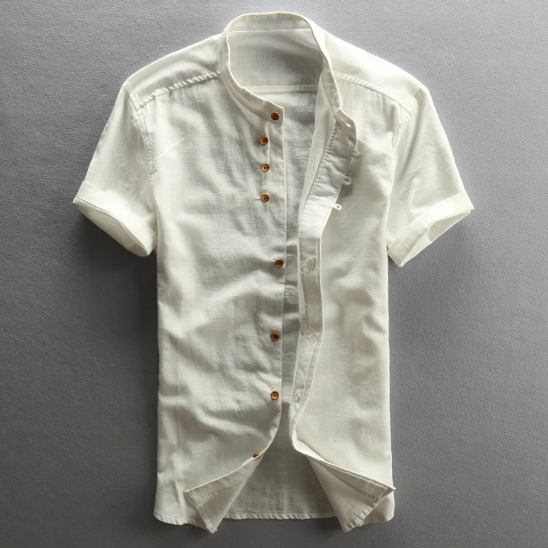 Рубашка мужская с воротником стойкой винтажная тонкая сорочка из хлопка и льна