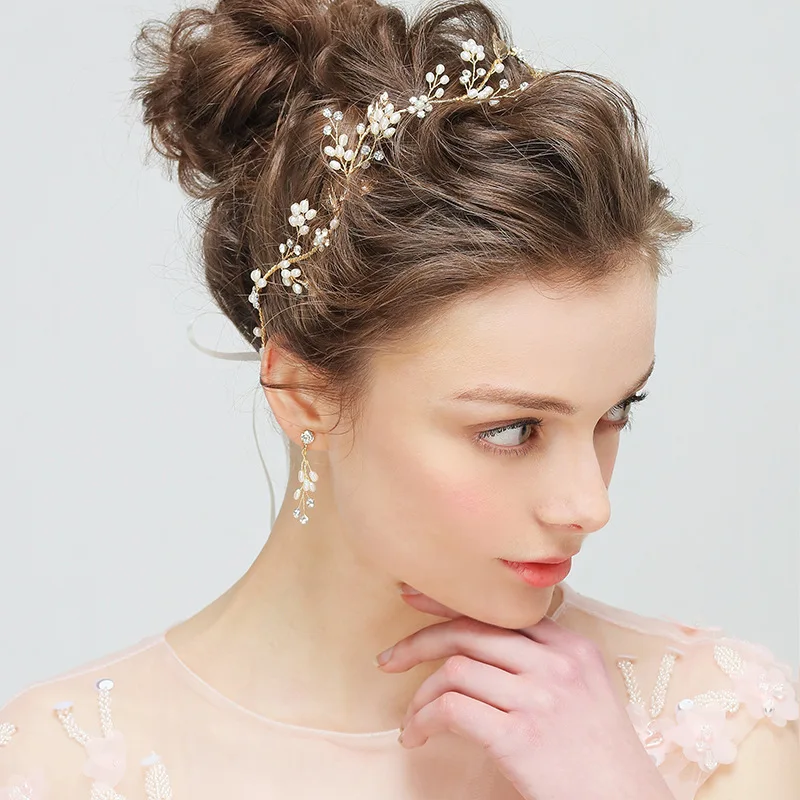 

Hot Selling Bride Hairbands Handmade Head Jewelry Pearl Earring Set New Style Bridal Wedding Hair Accessories Exquisite Romantic