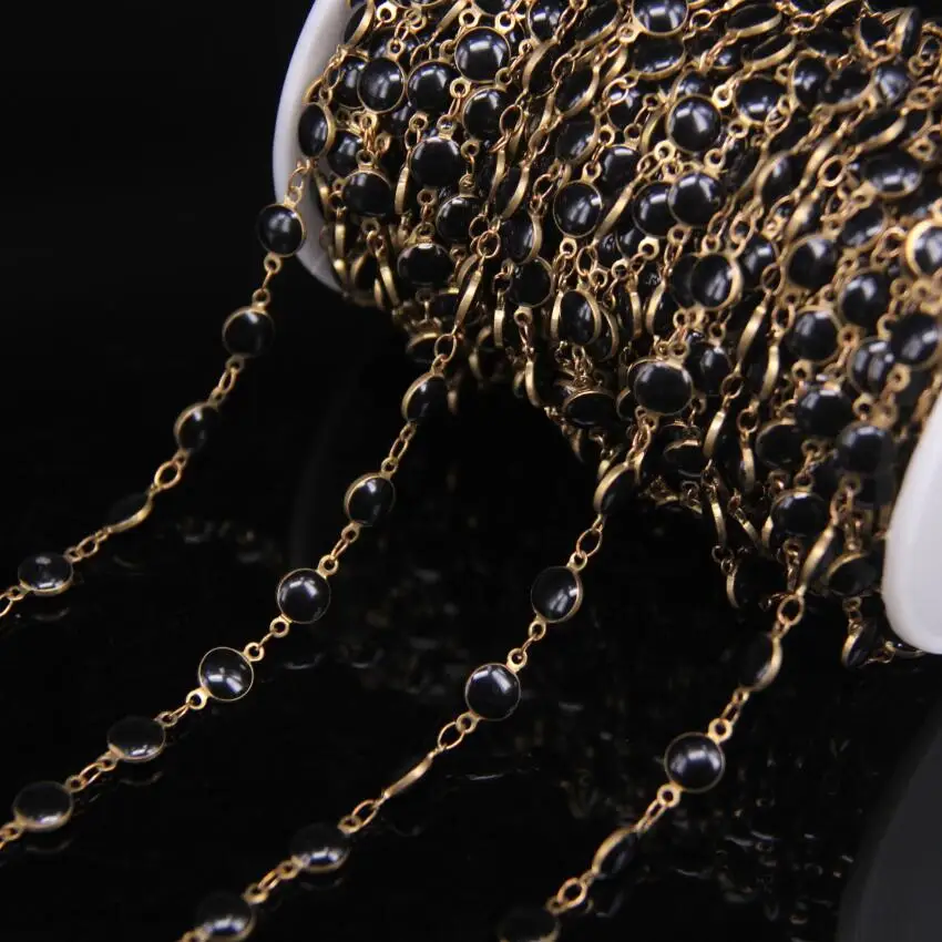 

5Meter/Lot Black Lampwork 6mm Flat Round Beaded Copper Rosary Chains,Onxy Color Enamel Glass Coin Beads Chain Necklace Crafts