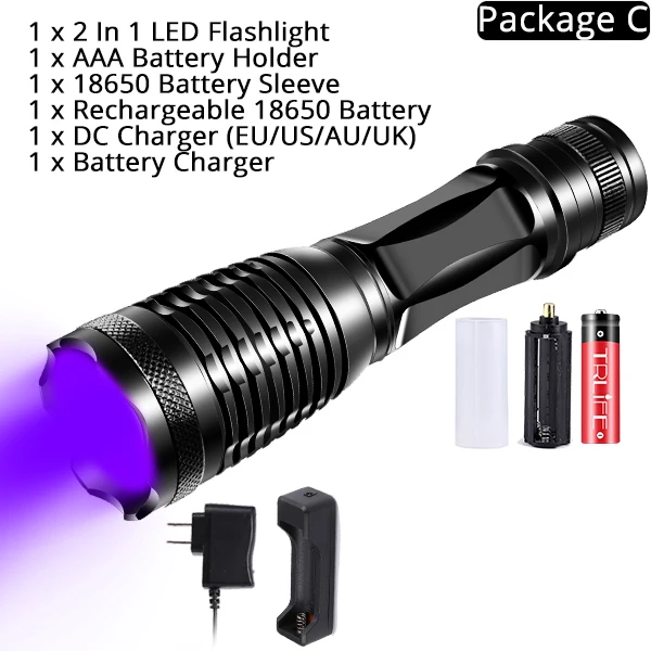 Package C 2в1 УФ-Фонарик светодиодный тактический фонарь Linternas 395nm Ультрафиолетовый детектор мочи для кемпинга домашних животных - Испускаемый цвет: Package C